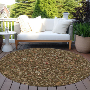 Homeroots 3' Black Brown Red Floral Washable Area Rug For Indoor Outdoor Spaces – Durable & Stylish Design 8' Round Polyester 604585