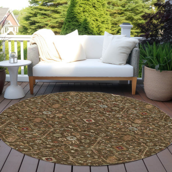Homeroots 3' Black Brown Red Floral Washable Area Rug For Indoor Outdoor Spaces – Durable & Stylish Design 8' Round Polyester 604585