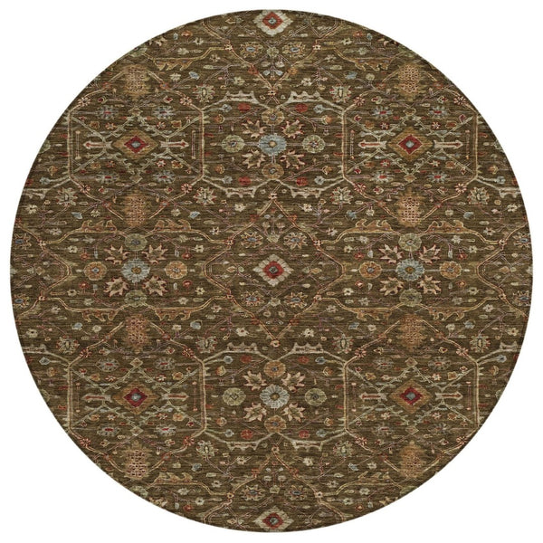 HomeRoots 5' Timeless Floral Washable Area Rug in Chocolate, Red & Green - Perfect for Indoor & Outdoor Use 8' Round 604585