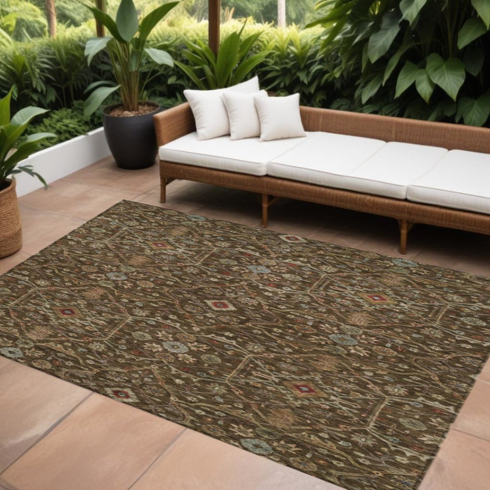 HomeRoots 9' X 12' Durable Floral Area Rug - Chocolate, Red & Green Design for Indoor/Outdoor Spaces 604587
