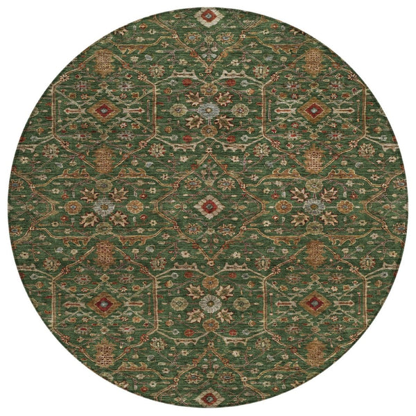 HomeRoots 5' Elegant Emerald Brown Red Floral Area Rug - Durable, Machine Washable for Indoor & Outdoor Use 8' Round 604591