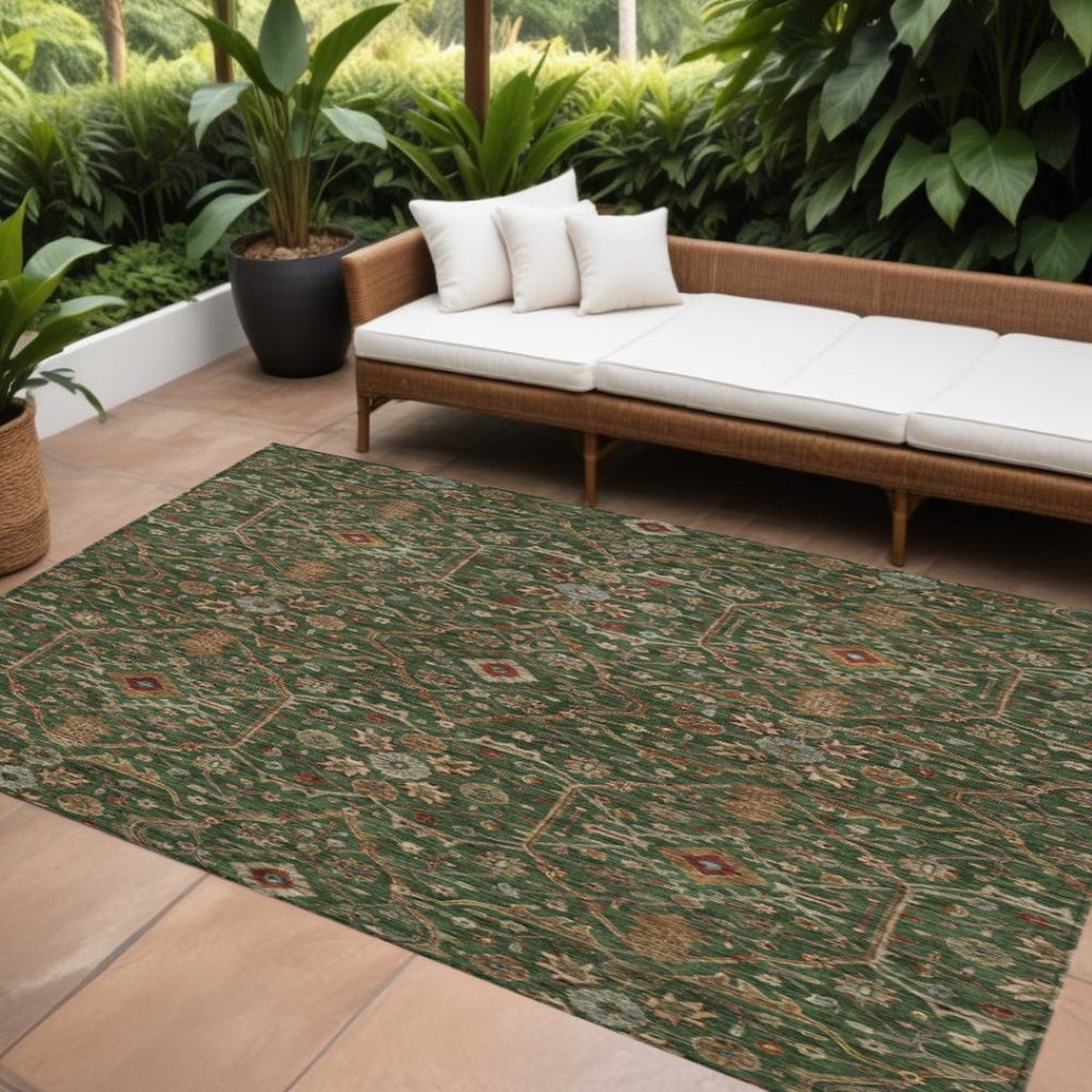 HomeRoots 5' Elegant Emerald Brown Red Floral Area Rug - Durable, Machine Washable for Indoor & Outdoor Use 8' X 10' 604592