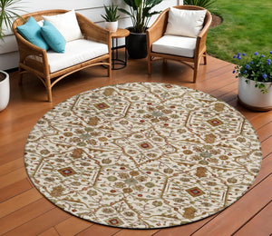 Homeroots 3' Black Brown Red Floral Washable Area Rug For Indoor Outdoor Spaces – Durable & Stylish Design 8' Round Polyester 604597