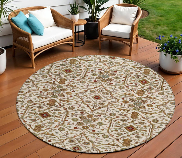 Homeroots 3' Black Brown Red Floral Washable Area Rug For Indoor Outdoor Spaces – Durable & Stylish Design 8' Round Polyester 604597