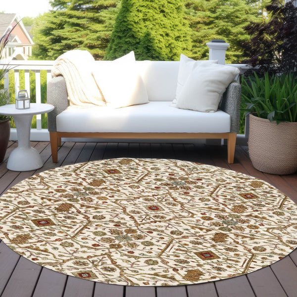 Homeroots 3' Black Brown Red Floral Washable Area Rug For Indoor Outdoor Spaces – Durable & Stylish Design 8' Round Polyester 604597