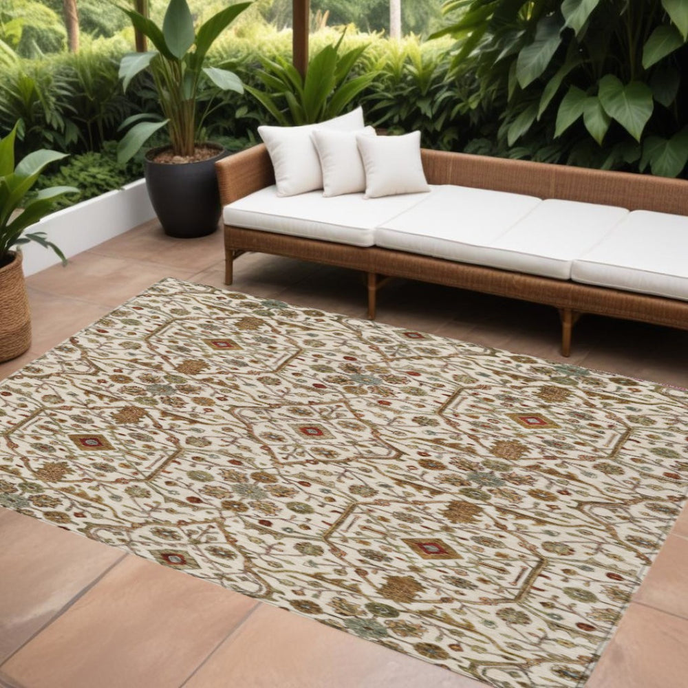 HomeRoots 9' Elegant Floral Area Rug in Ivory, Brown & Red - Washable for Indoor/Outdoor Durability & Style 604599