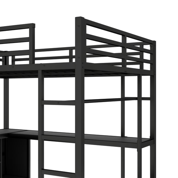 English Elm Metal Loft Bed With Integrated Desk, Storage Shelves & Wardrobe – Space-Saving Solution For All Ages W1580S00117