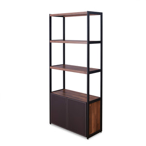 English Elm Sara Walnut & Sandy Black Finish Bookshelf with Cabinet Storage, 3 Shelves, Modern PU Design, 31" x 53" B2726P256445