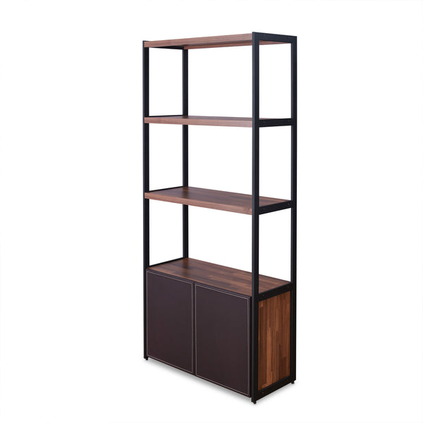 English Elm Sara Walnut & Sandy Black Finish Bookshelf with Cabinet Storage, 3 Shelves, Modern PU Design, 31" x 53" B2726P256445