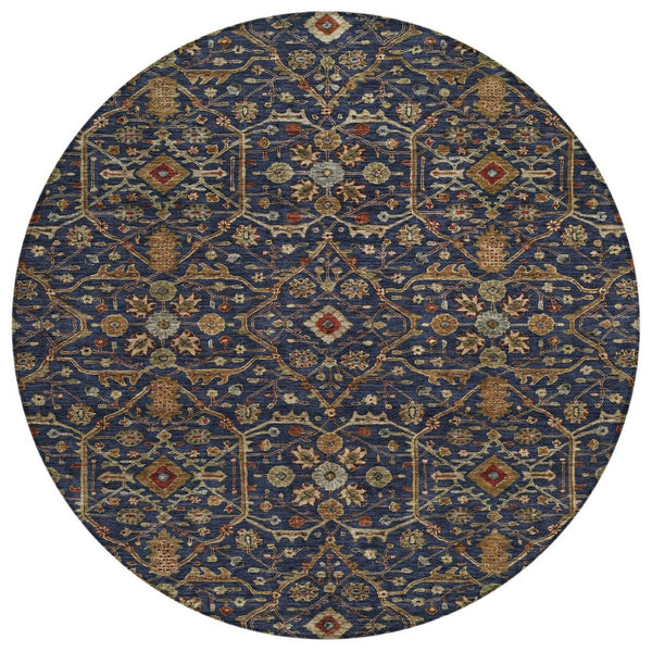 HomeRoots 5' Navy Blue and Red Floral Washable Area Rug - Durable Indoor/Outdoor Design for Easy Care 8' Round 604603