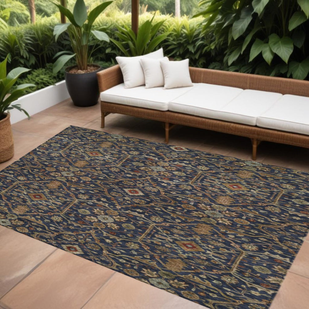 HomeRoots 5' Navy Blue and Red Floral Washable Area Rug - Durable Indoor/Outdoor Design for Easy Care 10' X 14' 604606