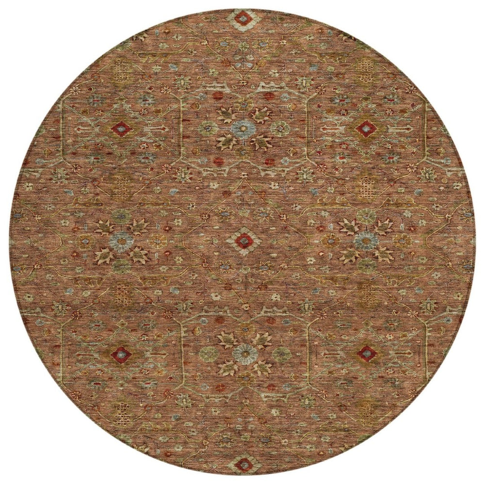 HomeRoots 5' Classic Floral Area Rug in Brown, Red, and Green - Washable, Durable for Indoor & Outdoor Use 8' Round 604609