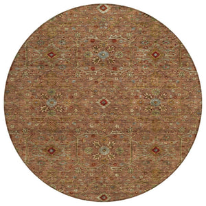 HomeRoots 5' Classic Floral Area Rug in Brown, Red, and Green - Washable, Durable for Indoor & Outdoor Use 8' Round 604609