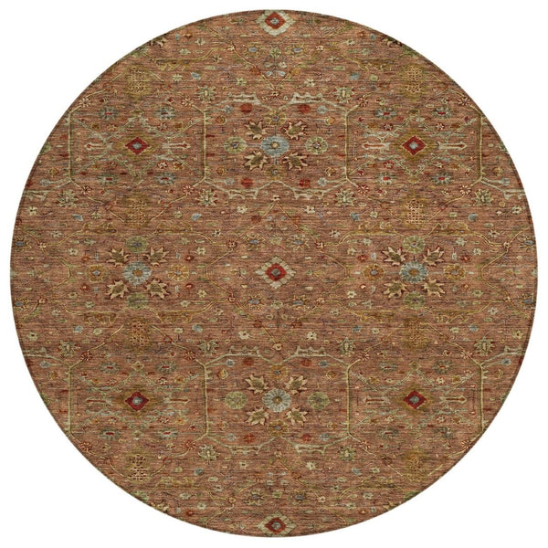 HomeRoots 5' Classic Floral Area Rug in Brown, Red, and Green - Washable, Durable for Indoor & Outdoor Use 8' Round 604609
