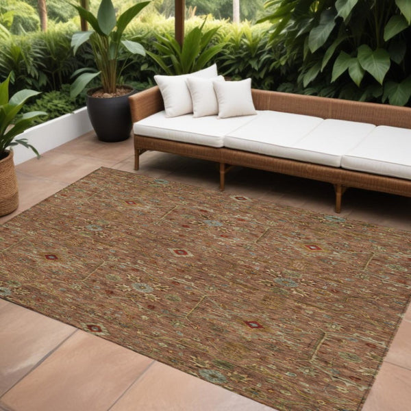 HomeRoots 5' Classic Floral Area Rug in Brown, Red, and Green - Washable, Durable for Indoor & Outdoor Use 8' X 10' 604610