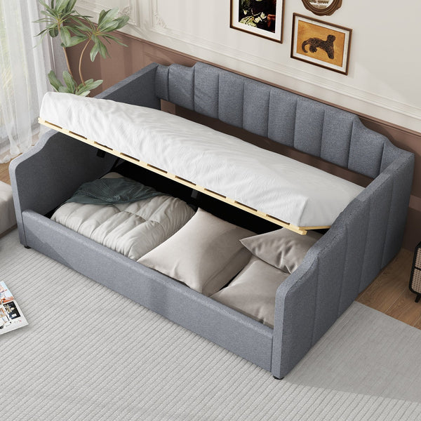 English Elm Upholstered modern daybed with under-bed storage drawers, full-size platform frame for guests Gray DL002033AAE