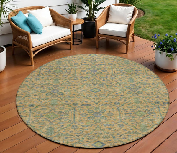 HomeRoots 5' Vibrant Floral Area Rug in Orange, Blue, and Green – Durable, Washable for Indoor & Outdoor Use 8' Round 604627