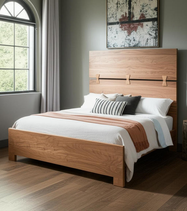 HomeRoots Brown Live Edge Solid Acacia Queen Bed Frame – Handcrafted Rustic Charm with Unique Mid-Split Headboard 604631