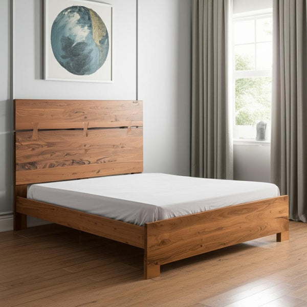 HomeRoots Brown Live Edge Queen Bed Frame - Handcrafted Solid Acacia Wood with Artisanal Bow Joint Design 604632
