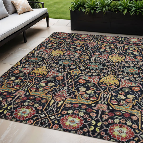 HomeRoots 5' Black Red Gold Floral Washable Area Rug for Indoor Outdoor Use - Durable, Elegant, Easy Care 5' X 8' 604636