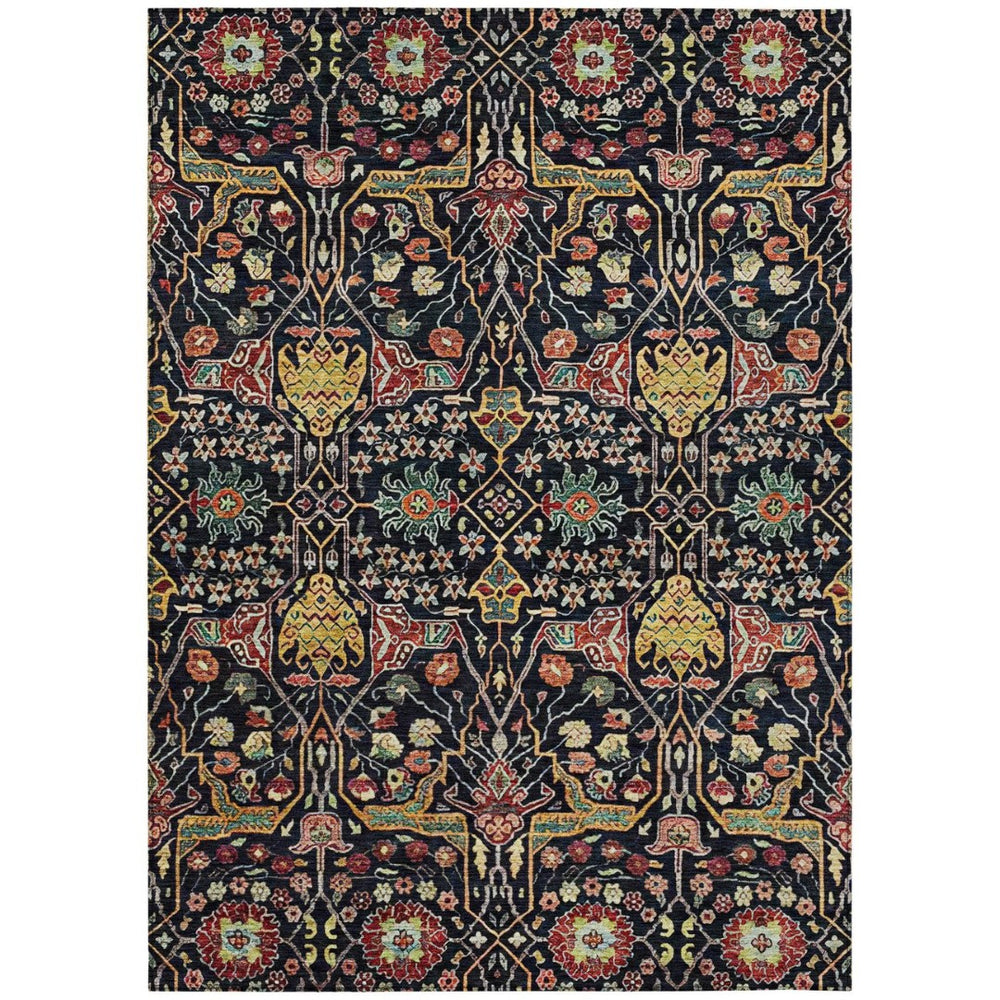 HomeRoots 5' Black Red Gold Floral Washable Area Rug for Indoor Outdoor Use - Durable, Elegant, Easy Care 5' X 8' 604636