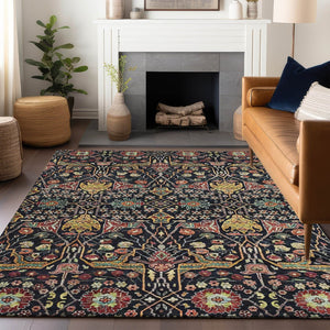 HomeRoots 5' Black Red Gold Floral Washable Area Rug for Indoor Outdoor Use - Durable, Elegant, Easy Care 5' X 8' 604636