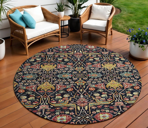 HomeRoots 5' Black Red Gold Floral Washable Area Rug for Indoor Outdoor Use - Durable, Elegant, Easy Care 8' Round 604637