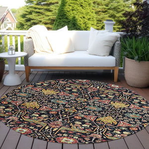 HomeRoots 5' Black Red Gold Floral Washable Area Rug for Indoor Outdoor Use - Durable, Elegant, Easy Care 8' Round 604637