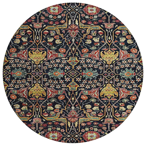 HomeRoots 5' Black Red Gold Floral Washable Area Rug for Indoor Outdoor Use - Durable, Elegant, Easy Care 8' Round 604637