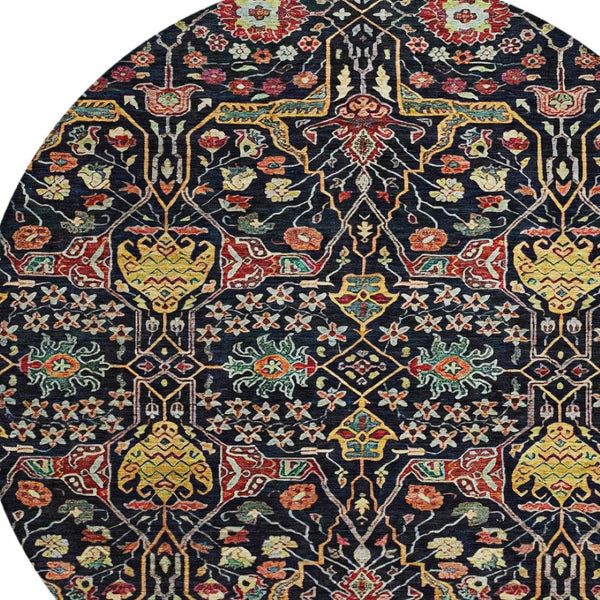 HomeRoots 5' Black Red Gold Floral Washable Area Rug for Indoor Outdoor Use - Durable, Elegant, Easy Care 8' Round 604637