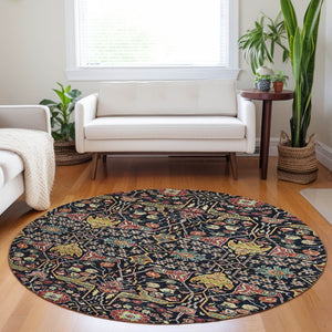 HomeRoots 5' Black Red Gold Floral Washable Area Rug for Indoor Outdoor Use - Durable, Elegant, Easy Care 8' Round 604637