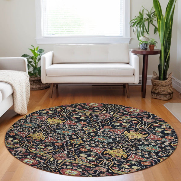 HomeRoots 5' Black Red Gold Floral Washable Area Rug for Indoor Outdoor Use - Durable, Elegant, Easy Care 8' Round 604637