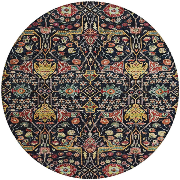 HomeRoots 5' Black Red Gold Floral Washable Area Rug for Indoor Outdoor Use - Durable, Elegant, Easy Care 8' Round 604637