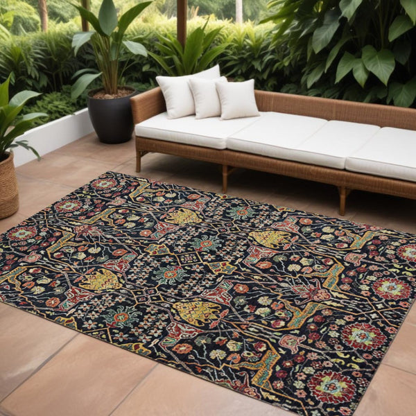 HomeRoots 9' X 12' Bold Black Red Gold Floral Area Rug - Durable, Washable, Indoor/Outdoor Style for Any Space 604639
