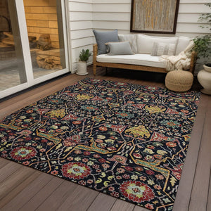 HomeRoots 9' X 12' Bold Black Red Gold Floral Area Rug - Durable, Washable, Indoor/Outdoor Style for Any Space 604639