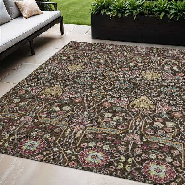HomeRoots 5' Elegant Floral Indoor Outdoor Area Rug in Chocolate, Red, and Gold - Durable, Washable Design 5' X 8' 604642