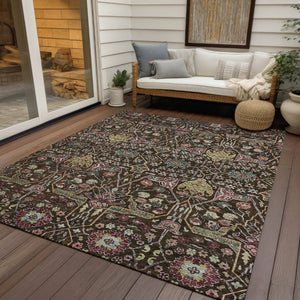 HomeRoots 5' Elegant Floral Indoor Outdoor Area Rug in Chocolate, Red, and Gold - Durable, Washable Design 5' X 8' 604642