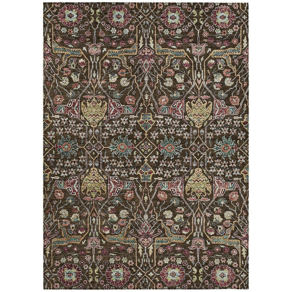 HomeRoots 5' Elegant Floral Indoor Outdoor Area Rug in Chocolate, Red, and Gold - Durable, Washable Design 5' X 8' 604642