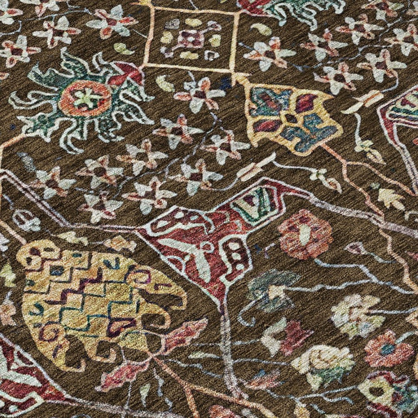 HomeRoots 5' Elegant Floral Indoor Outdoor Area Rug in Chocolate, Red, and Gold - Durable, Washable Design 5' X 8' 604642