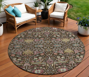 HomeRoots 5' Elegant Floral Indoor Outdoor Area Rug in Chocolate, Red, and Gold - Durable, Washable Design 8' Round 604643