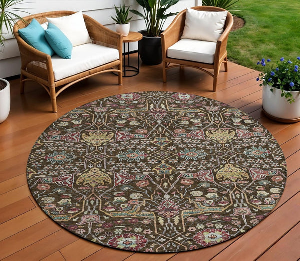 HomeRoots 5' Elegant Floral Indoor Outdoor Area Rug in Chocolate, Red, and Gold - Durable, Washable Design 8' Round 604643