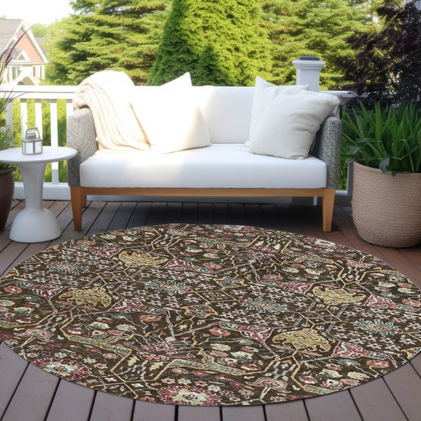HomeRoots 5' Elegant Floral Indoor Outdoor Area Rug in Chocolate, Red, and Gold - Durable, Washable Design 8' Round 604643