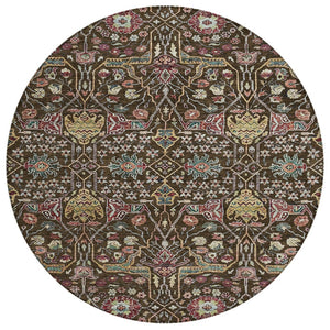 HomeRoots 5' Elegant Floral Indoor Outdoor Area Rug in Chocolate, Red, and Gold - Durable, Washable Design 8' Round 604643