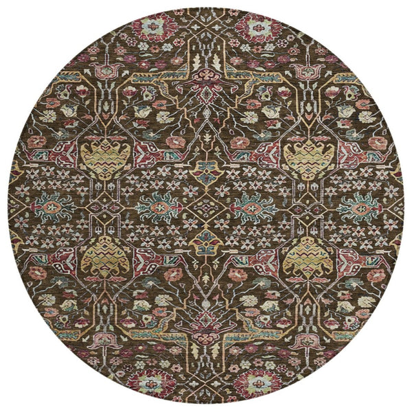 HomeRoots 5' Elegant Floral Indoor Outdoor Area Rug in Chocolate, Red, and Gold - Durable, Washable Design 8' Round 604643
