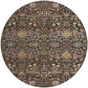 HomeRoots 5' Elegant Floral Indoor Outdoor Area Rug in Chocolate, Red, and Gold - Durable, Washable Design 8' Round 604643