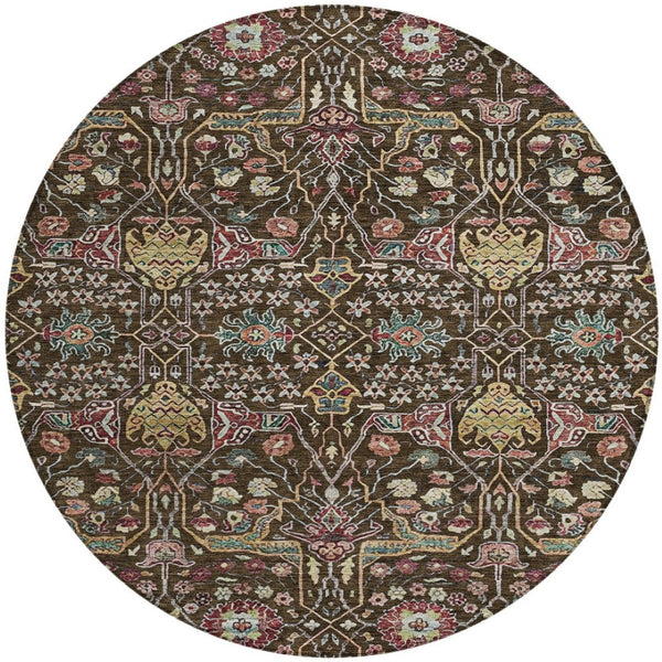 HomeRoots 5' Elegant Floral Indoor Outdoor Area Rug in Chocolate, Red, and Gold - Durable, Washable Design 8' Round 604643