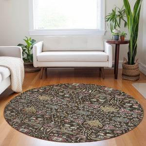 HomeRoots 5' Elegant Floral Indoor Outdoor Area Rug in Chocolate, Red, and Gold - Durable, Washable Design 8' Round 604643