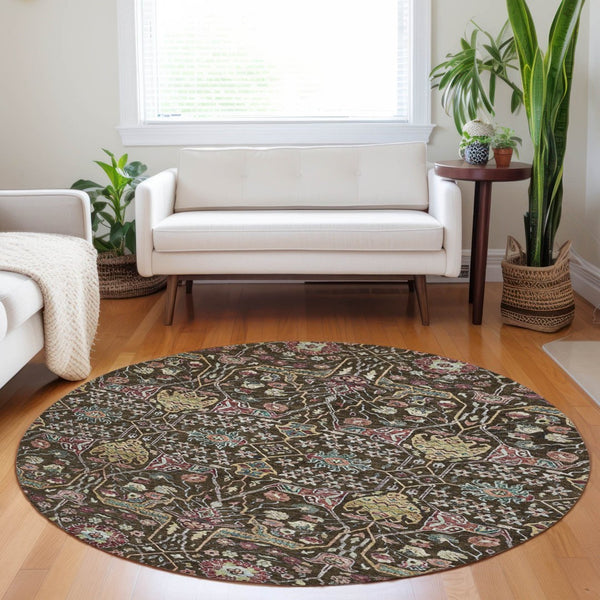 HomeRoots 5' Elegant Floral Indoor Outdoor Area Rug in Chocolate, Red, and Gold - Durable, Washable Design 8' Round 604643