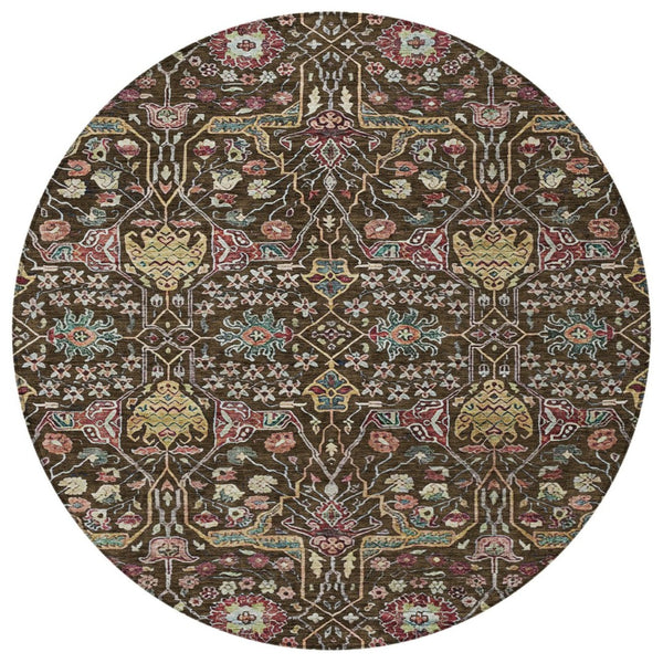 HomeRoots 5' Elegant Floral Indoor Outdoor Area Rug in Chocolate, Red, and Gold - Durable, Washable Design 8' Round 604643