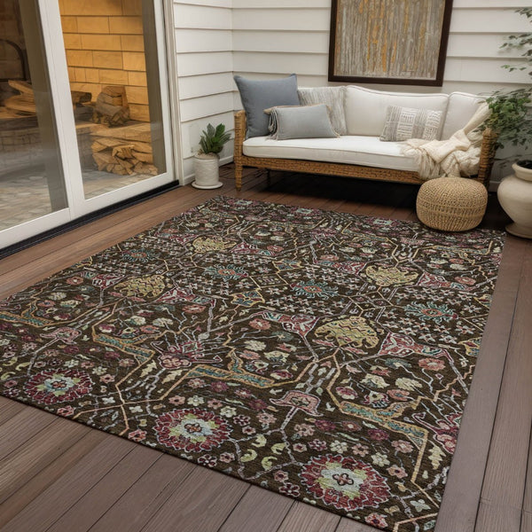 HomeRoots 5' Elegant Floral Indoor Outdoor Area Rug in Chocolate, Red, and Gold - Durable, Washable Design 8' X 10' 604644